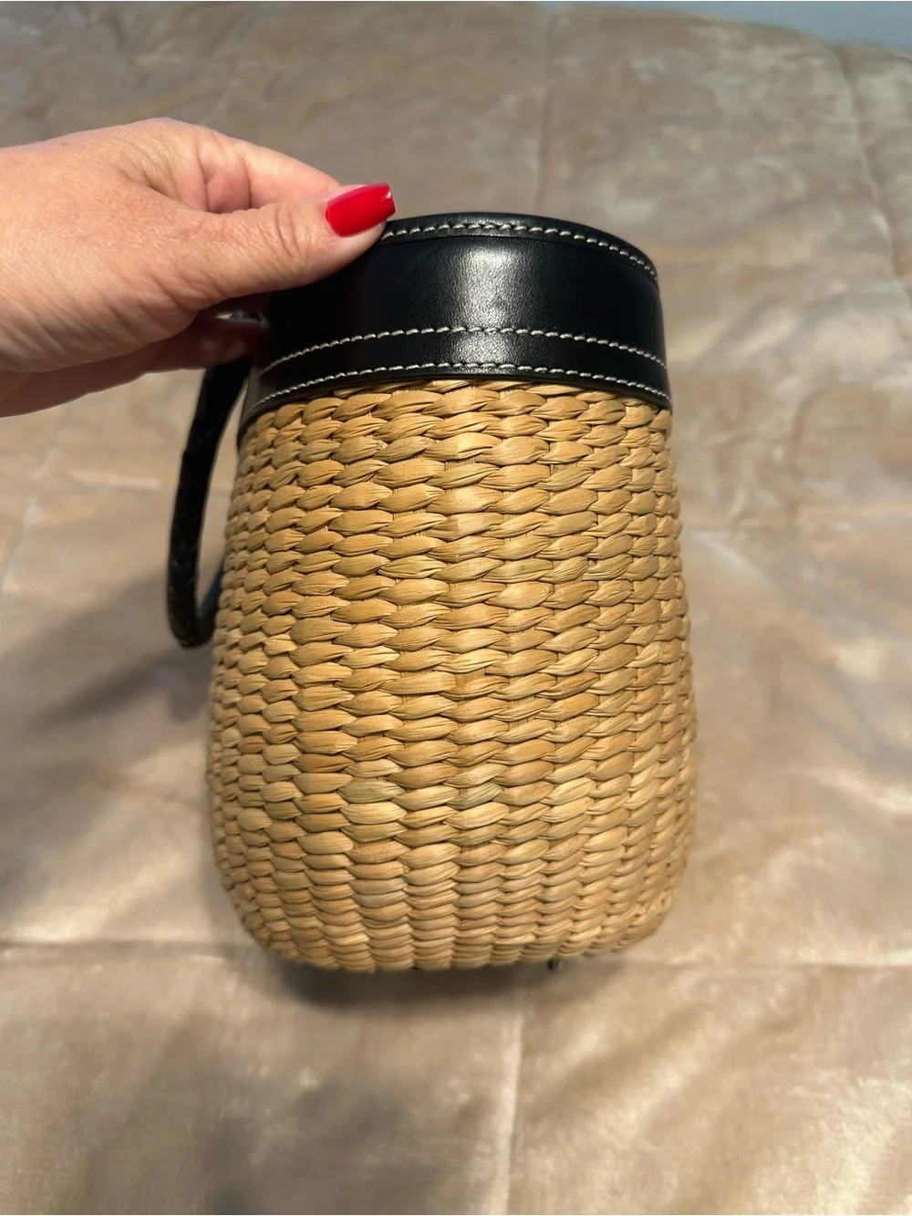Coach SoHo Woven Straw Tote with Black Leather Trim and Pink Interior